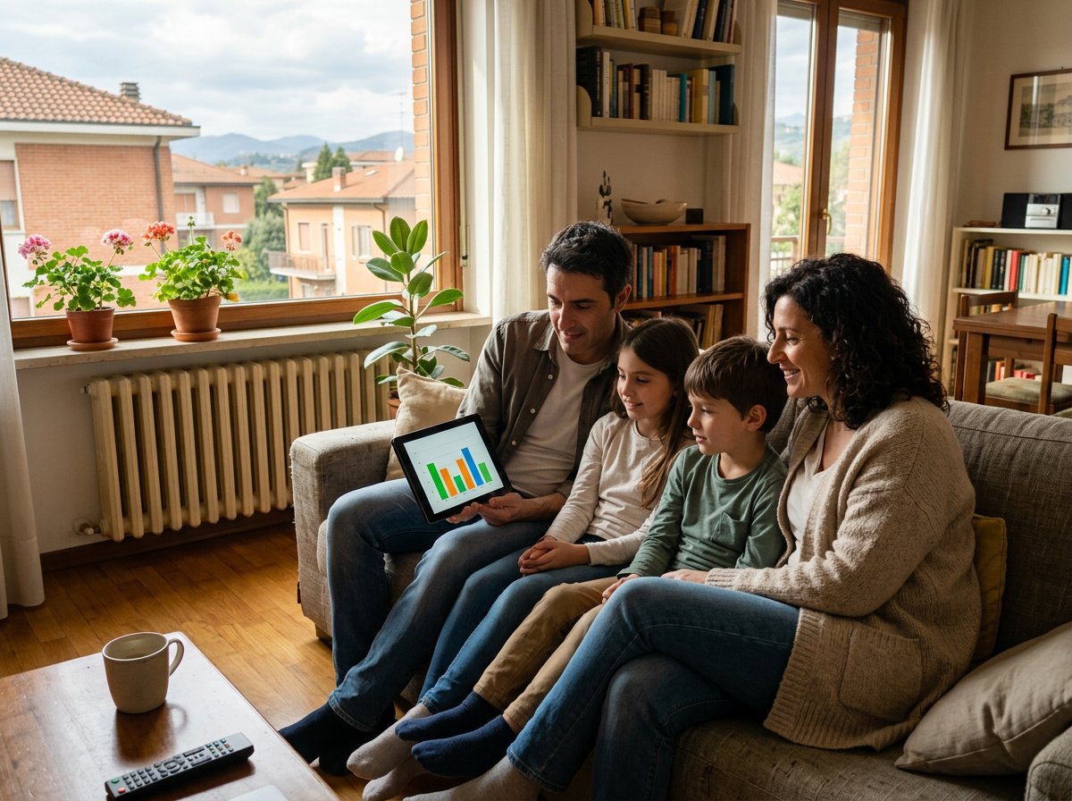 Famiglia nel Nord Italia controlla in salotto i consumi energetici di casa dopo l'aumento della bolletta luce 2026