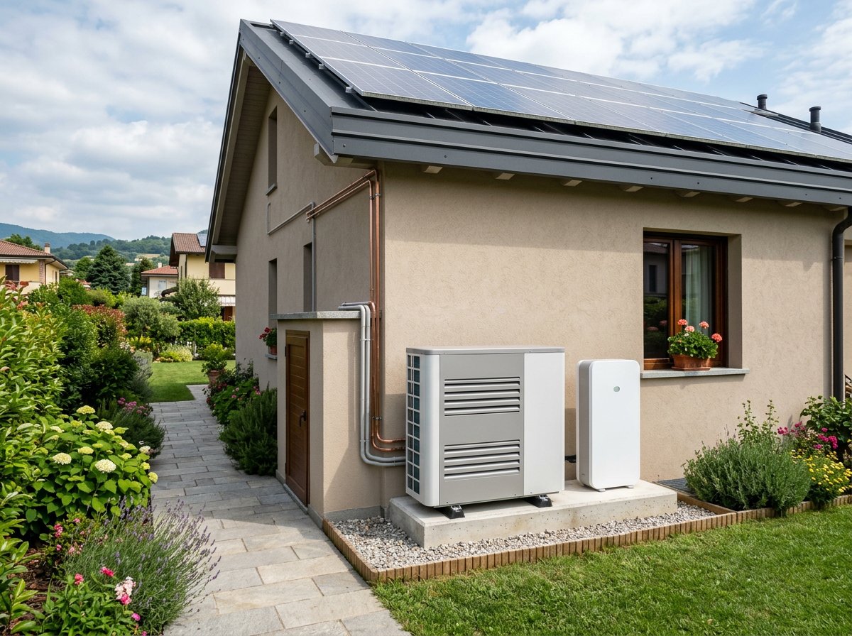 Pompa di calore e batteria di accumulo installate all'esterno di una casa nel Nord Italia con pannelli fotovoltaici sul tetto