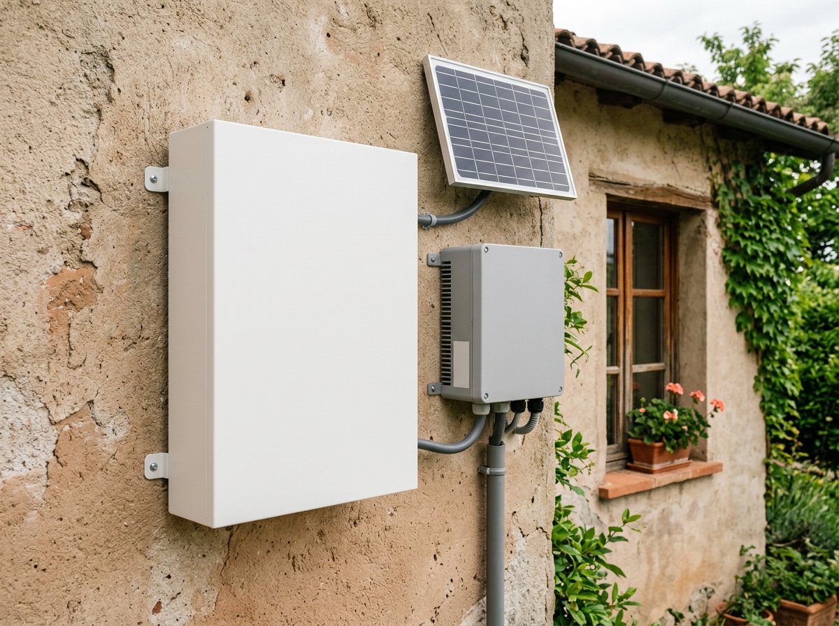 Batteria di accumulo fotovoltaico installata a parete accanto a un inverter ibrido in un'abitazione del Nord Italia