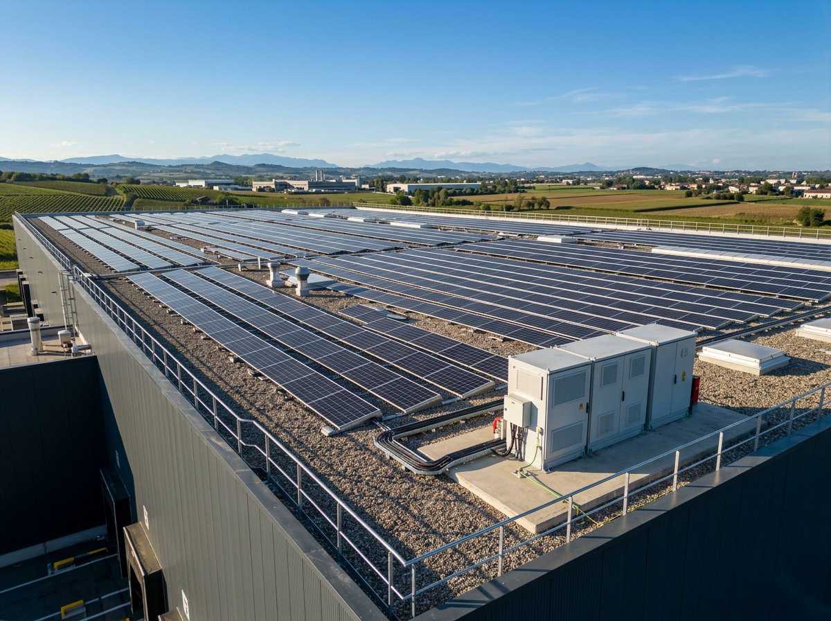 Impianto fotovoltaico su tetto di capannone industriale con sistema di accumulo per PMI nel Nord Italia