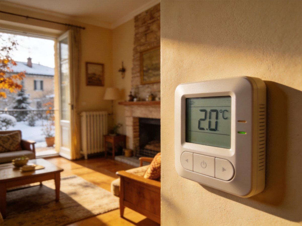 Termostato smart a parete in un salotto italiano con radiatore sullo sfondo in una giornata invernale