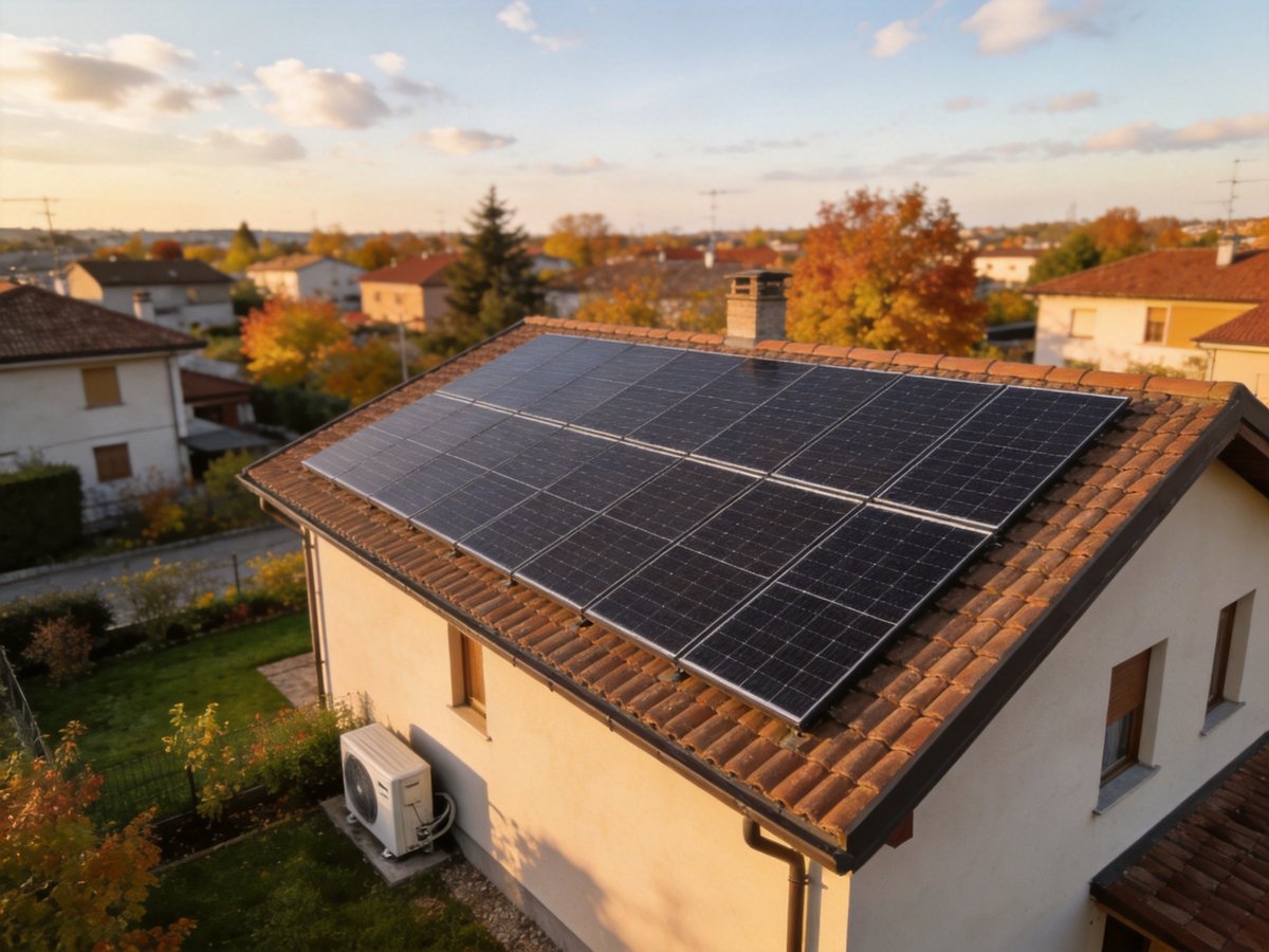 Vista aerea di un tetto residenziale con impianto fotovoltaico e unità esterna di pompa di calore in un quartiere del Nord Italia