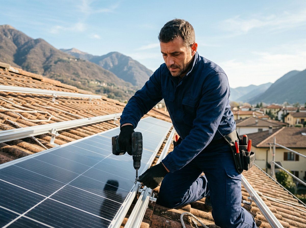 Tecnico SEI installa pannelli fotovoltaici su tetto residenziale in Nord Italia in una giornata di sole, senza loghi o scritte visibili