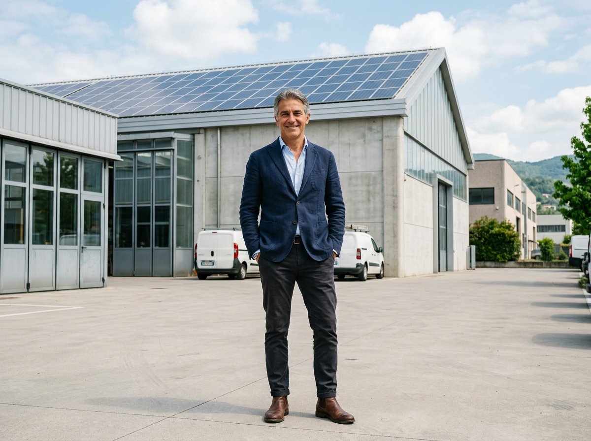 Titolare di una piccola impresa nel Nord Italia osserva pannelli fotovoltaici sul tetto del capannone, senza loghi, marchi o scritte leggibili