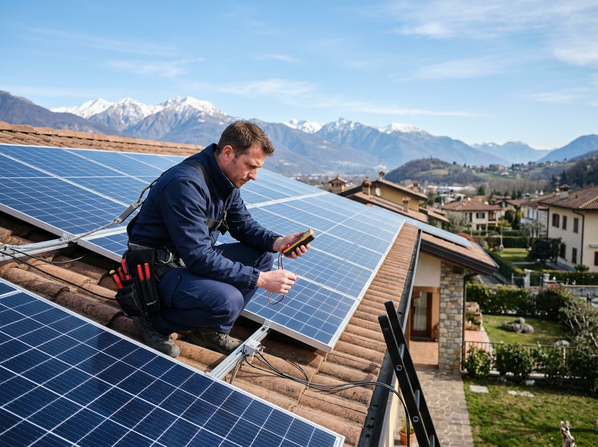 Tecnico ispeziona un impianto fotovoltaico su un tetto residenziale nel Nord Italia con pannelli solari moderni