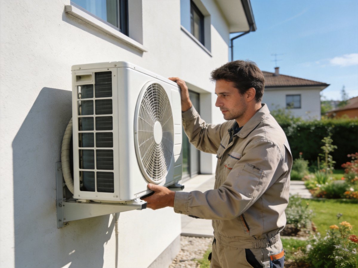Installatore monta l'unità esterna di una pompa di calore su una parete di casa unifamiliare in ambientazione residenziale diurna