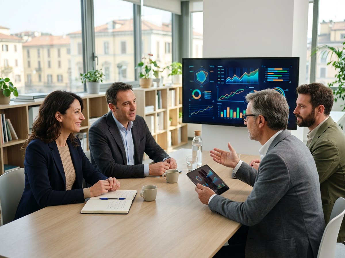 Gruppo di piccoli imprenditori e un consulente energetico osservano insieme un pannello con grafici di consumo energetico in un ufficio luminoso
