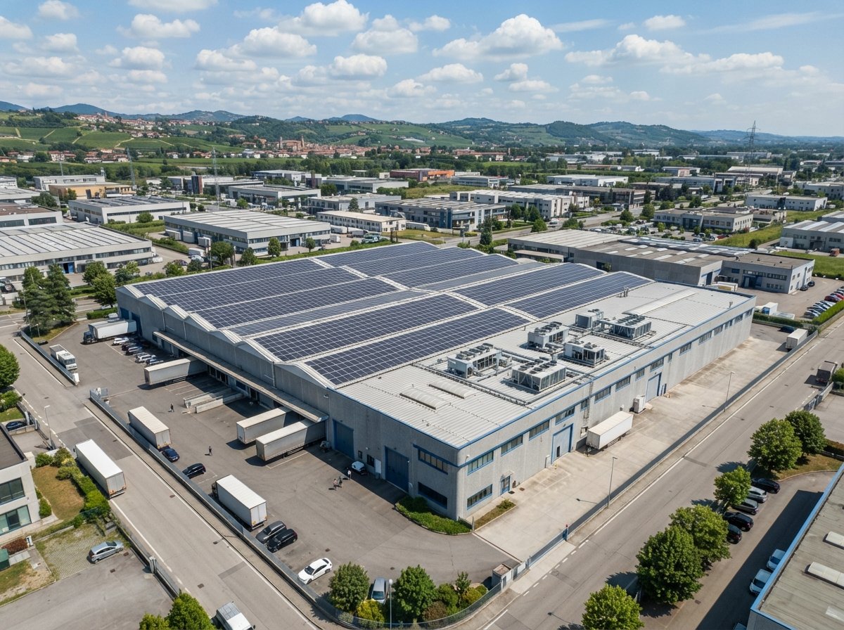 Vista dall'alto di un capannone industriale con impianto fotovoltaico e sistema di climatizzazione efficiente in una zona industriale del Nord Italia