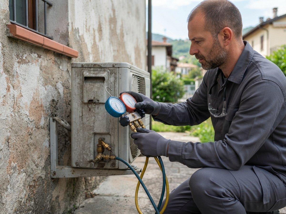 Tecnico certificato controlla la pressione del gas refrigerante con un manometro professionale su un'unità esterna di climatizzatore in Lombardia