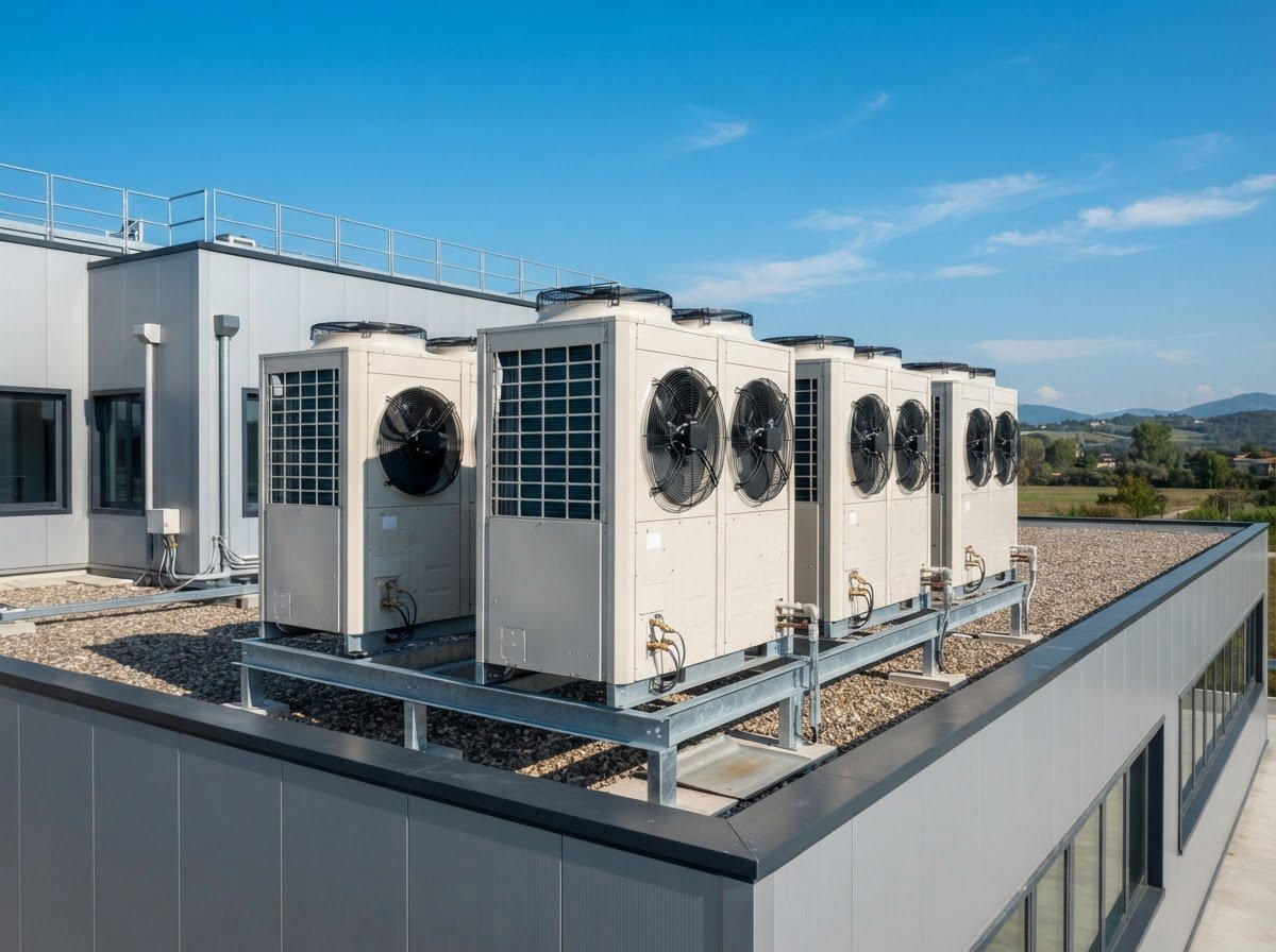 Unità esterne di climatizzatori VRF installate sul tetto di un moderno capannone industriale nel Nord Italia