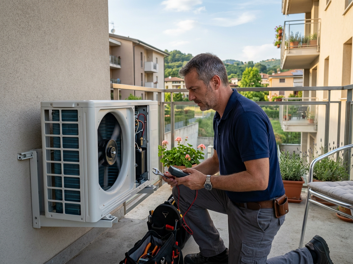 Tecnico effettua la manutenzione di un'unità esterna di climatizzatore su un balcone in una giornata calda nel Nord Italia