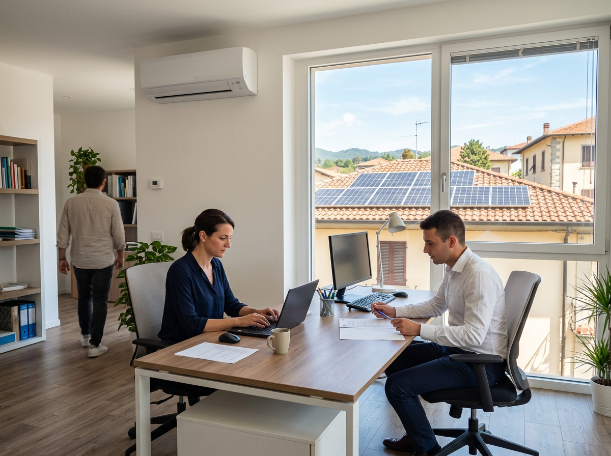 Ufficio moderno con climatizzatore a parete e pannelli fotovoltaici visibili sul tetto dell'edificio di fronte, in una giornata estiva