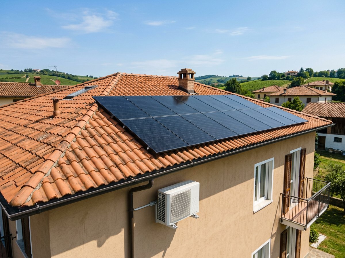 Pannelli fotovoltaici sul tetto di un'abitazione nel Nord Italia con unità esterna di un climatizzatore visibile a parete