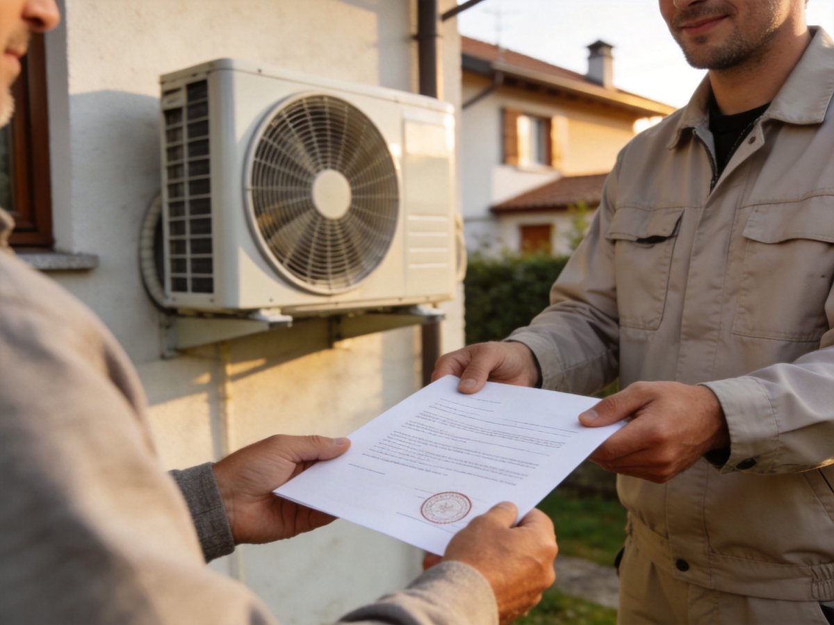 Tecnico consegna al cliente la documentazione tecnica di una pompa di calore appena installata su una villetta del Nord Italia
