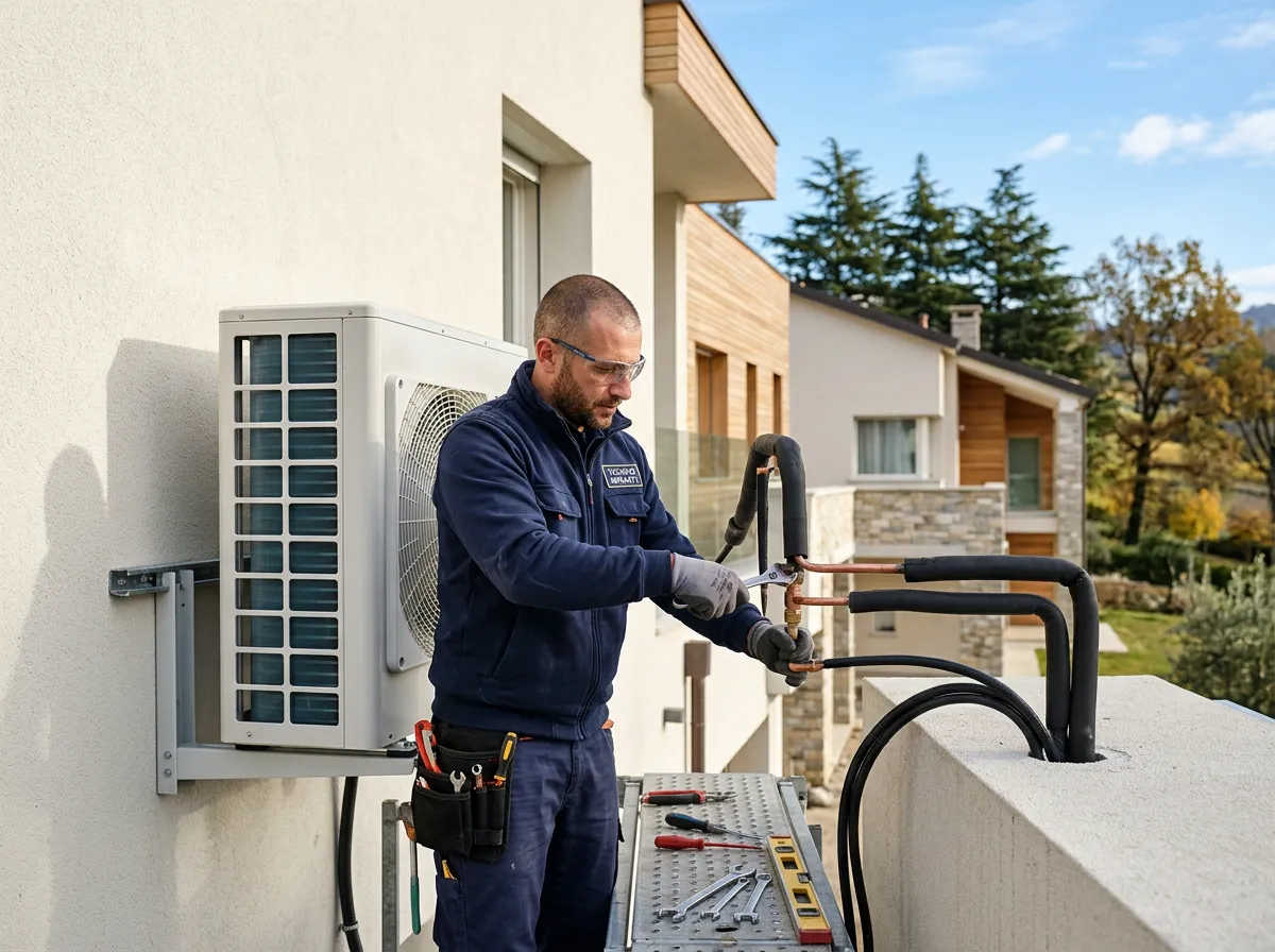 Tecnico installa l'unità esterna di una pompa di calore su una villetta moderna nel Nord Italia, cielo sereno