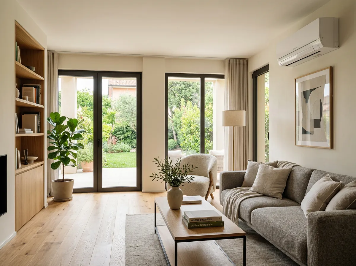 Interno di un soggiorno ristrutturato con unità interna di pompa di calore a parete e grandi finestre efficienti