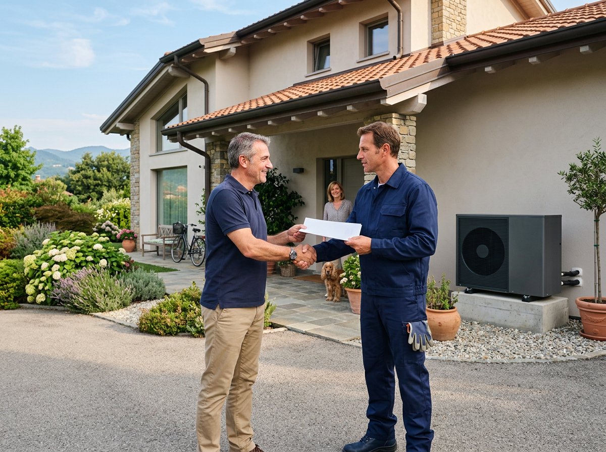 Tecnico consegna un documento di preventivo e detrazione fiscale al proprietario di casa davanti a una pompa di calore appena installata