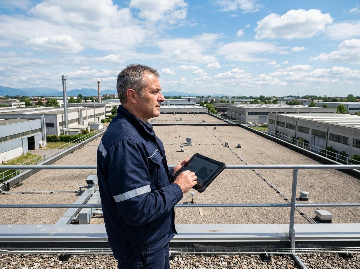 Tecnico SEI analizza il tetto di un capannone industriale in Lombardia per valutare il dimensionamento di un impianto fotovoltaico fino a 1 MW ammissibile al FER X