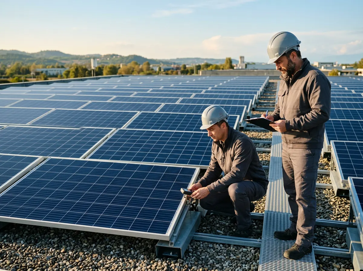 Due tecnici con caschetto ispezionano pannelli fotovoltaici appena installati sul tetto di un capannone industriale nel Nord Italia, verificando i requisiti tecnici per l'accesso al FER X