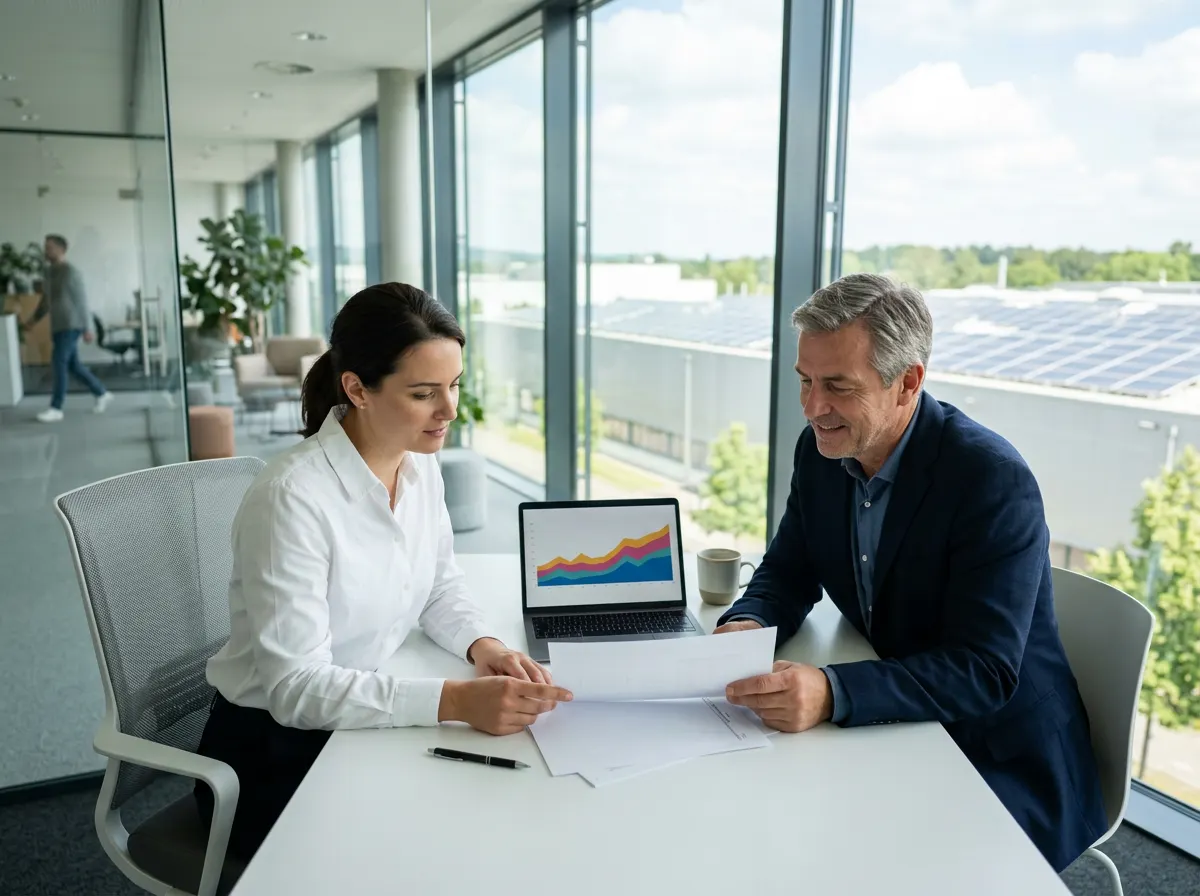 Imprenditore e consulente energetico esaminano insieme documenti tecnici e grafici per preparare una domanda di incentivo FER X, con un capannone fotovoltaico visibile sullo sfondo