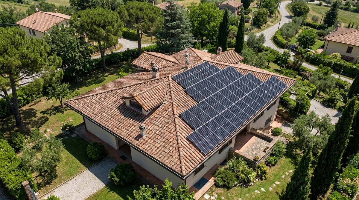 Villetta bifamiliare con tetto a falde e moduli fotovoltaici su falda sud a Busto Arsizio