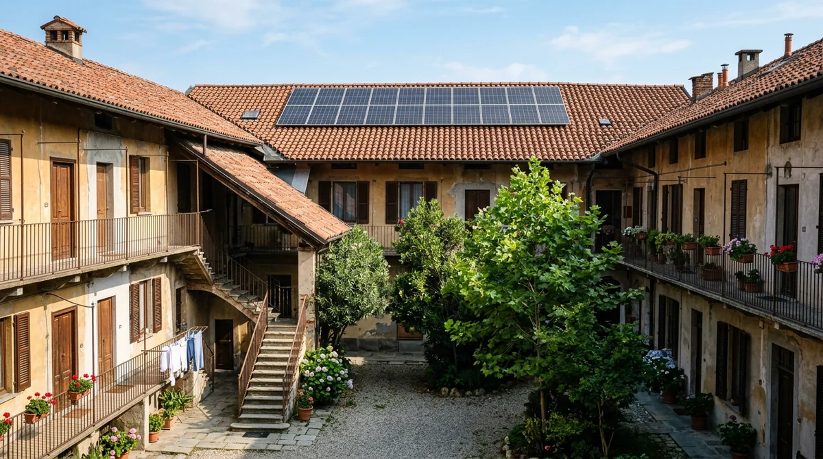 Copertura piana di un capannone industriale della zona di Sacconago con impianto fotovoltaico