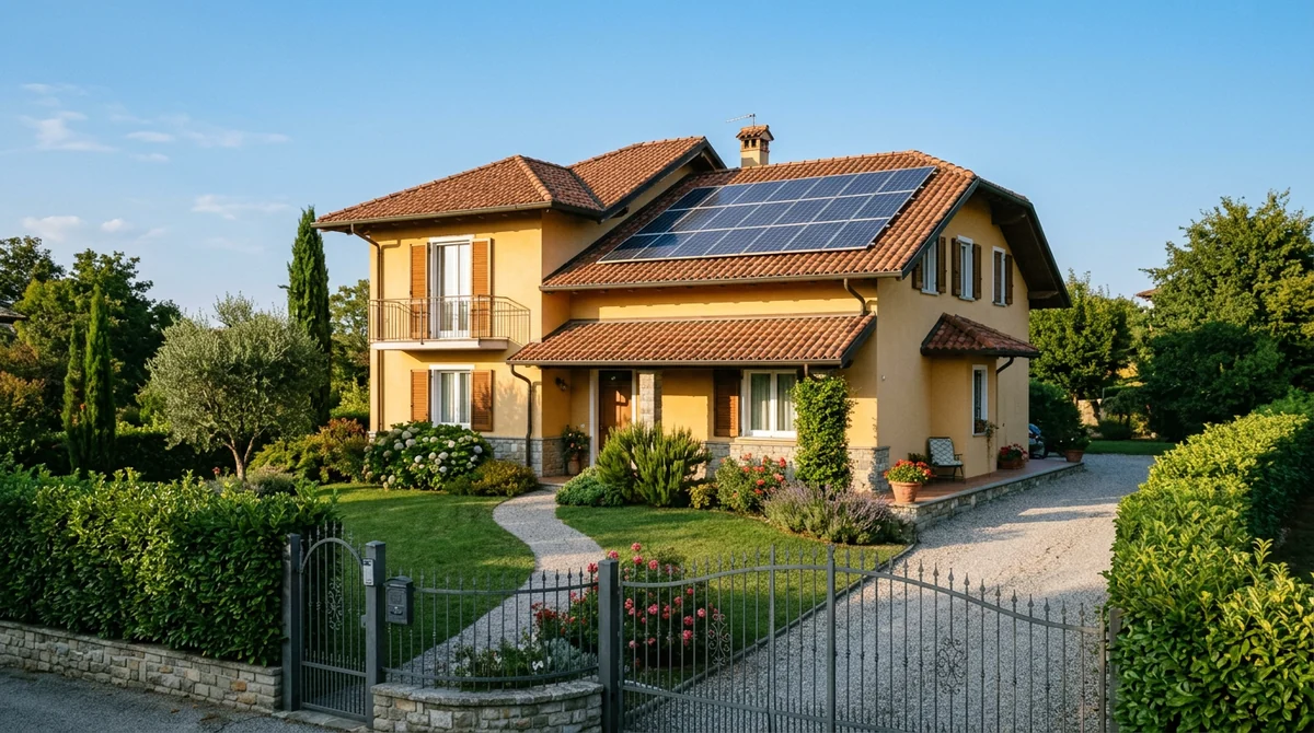 Tetto a falde inclinate 25-30 gradi coperto da moduli fotovoltaici su una villetta di Gallarate