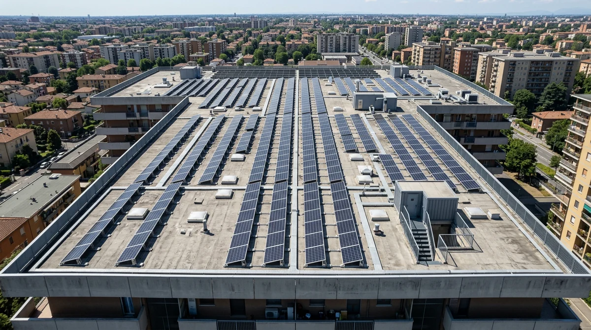 Pannelli fotovoltaici disposti in file parallele su un lastrico solare condominiale a Milano