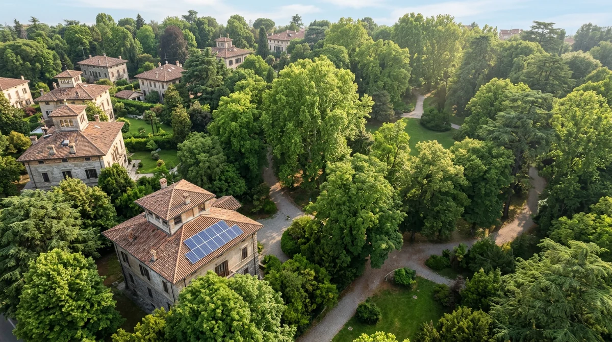 Moduli fotovoltaici integrati nel manto di copertura di una villa storica a Monza