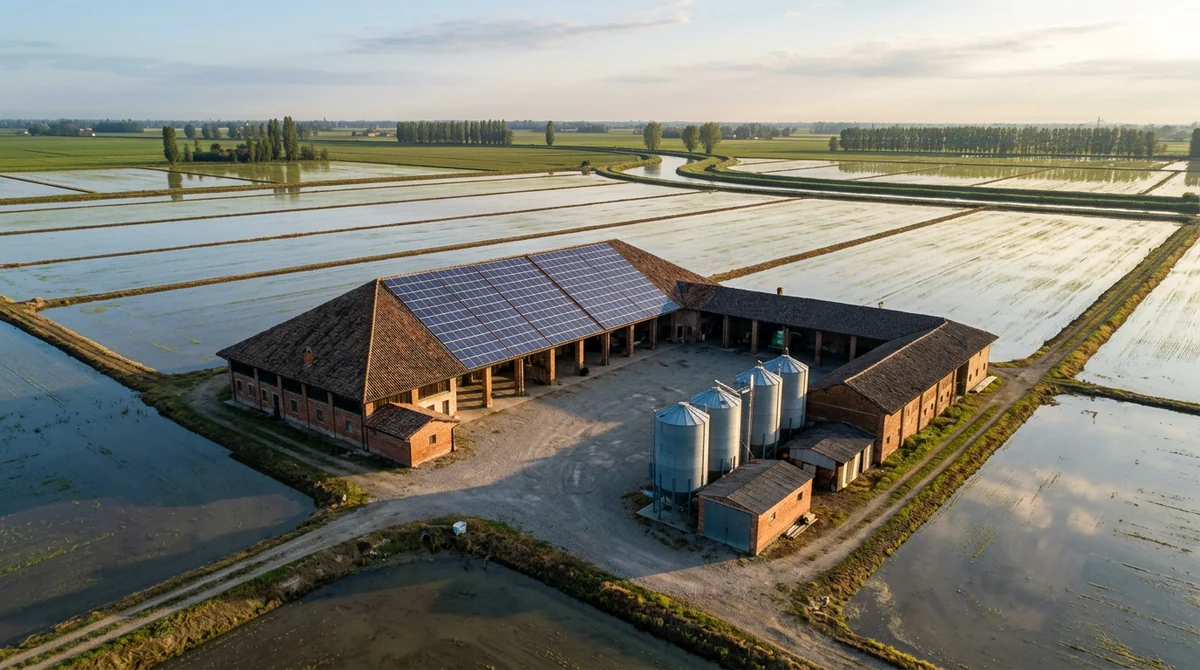 Falda sud di un tetto a Novara con 14 moduli fotovoltaici e inverter a parete