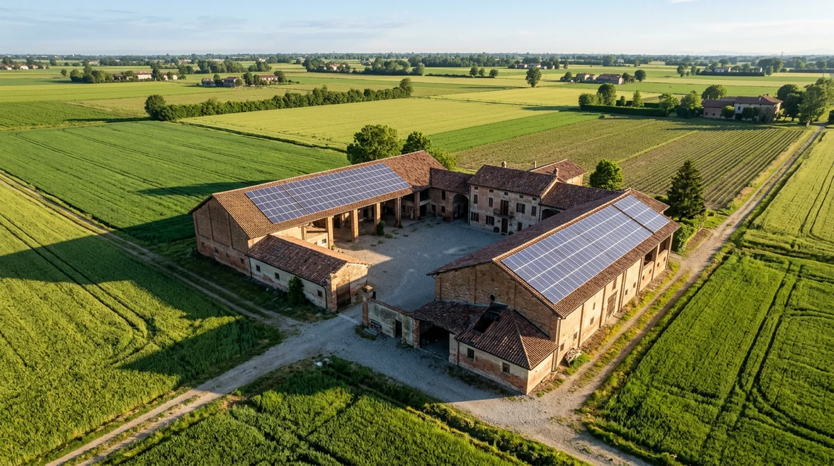 Pannelli fotovoltaici su un tetto a due falde di una casa del Pavese, con il Ticino sullo sfondo