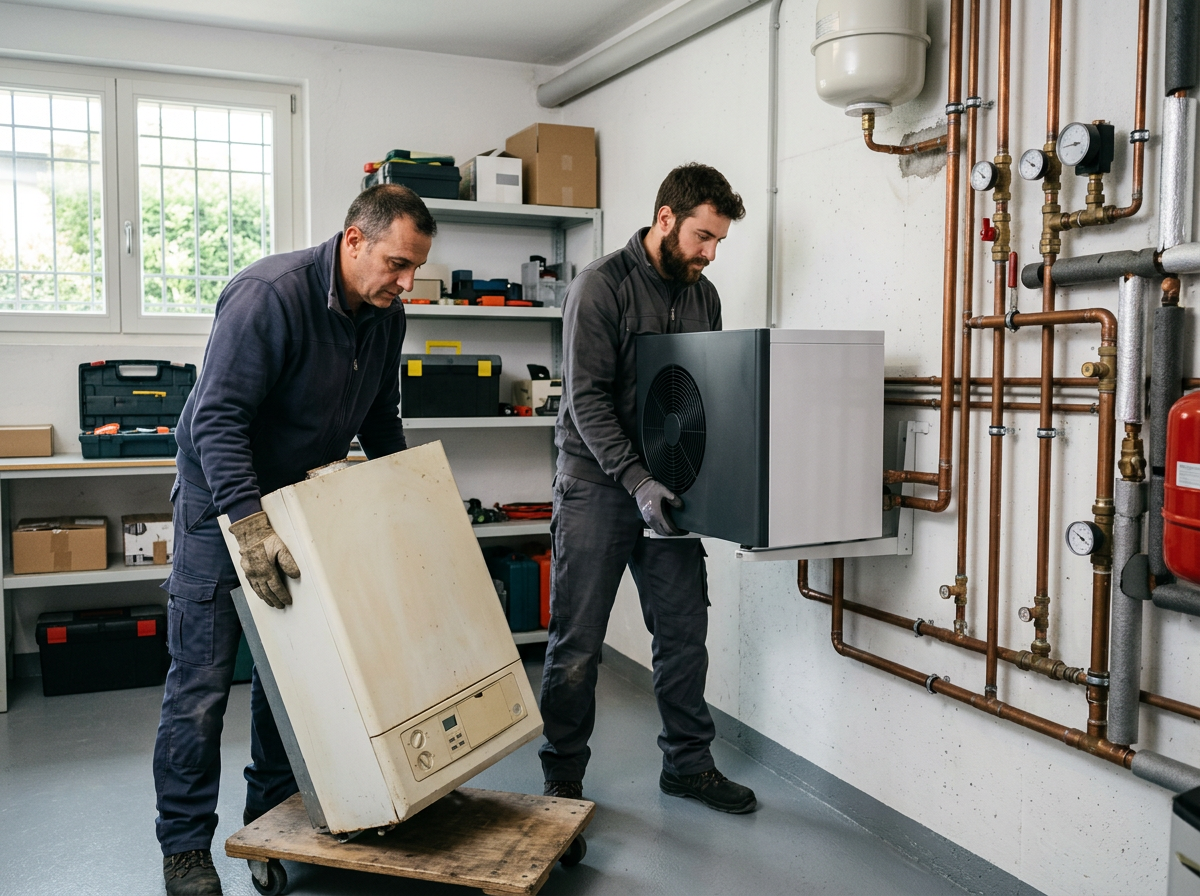 Due tecnici energetici rimuovono una vecchia caldaia a gas e la sostituiscono con una nuova pompa di calore in un locale tecnico residenziale, nessun logo o marchio visibile