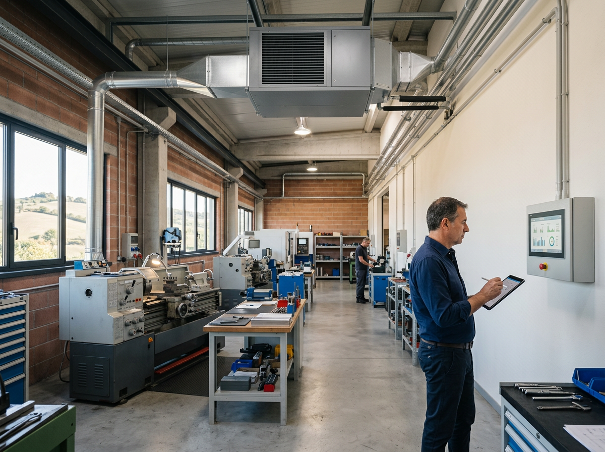 Responsabile tecnico osserva un pannello di controllo in un piccolo capannone artigianale del Nord Italia con sistema di climatizzazione a pompa di calore installato a soffitto, nessun logo visibile