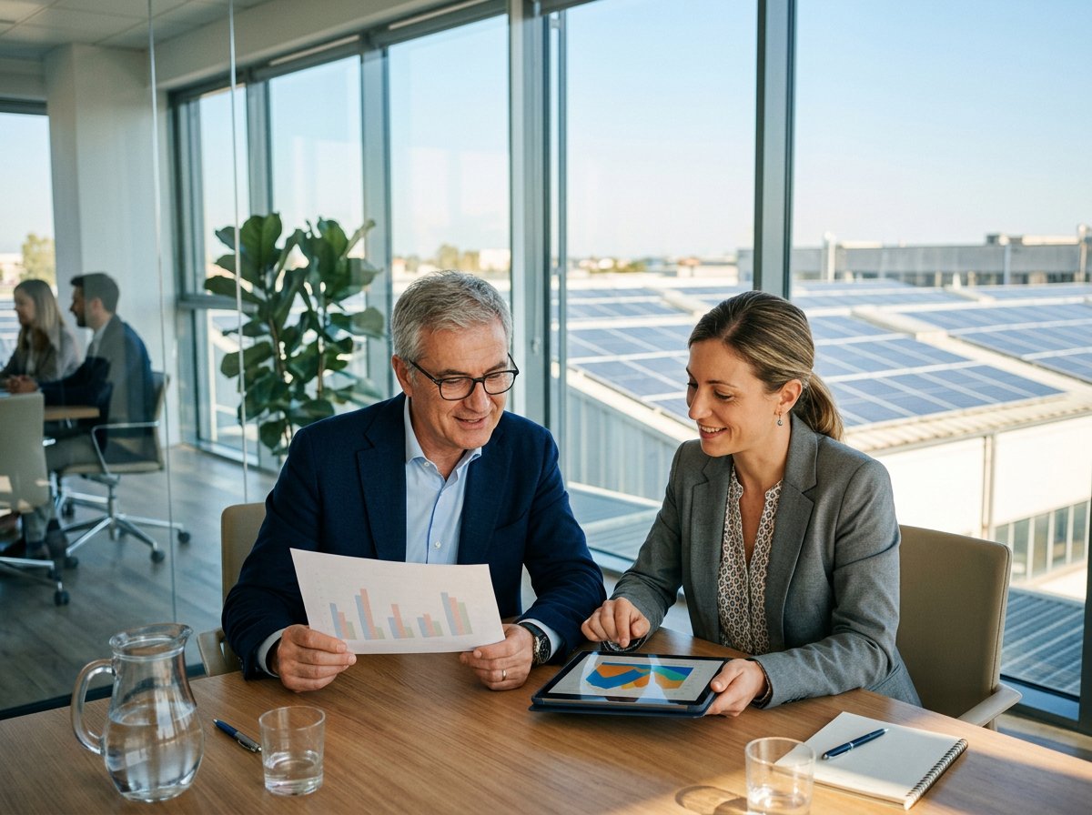 Consulente energetico e imprenditore analizzano insieme dati finanziari relativi a un investimento in fotovoltaico aziendale, con il tetto fotovoltaico di un capannone visibile sullo sfondo