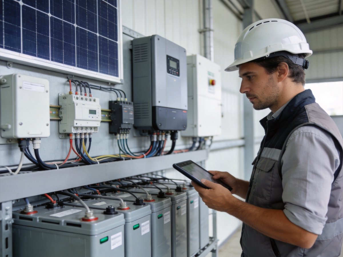Tecnico specializzato controlla con un tablet un impianto di accumulo a batteria e gli inverter fotovoltaici installati in un capannone aziendale del Nord Italia
