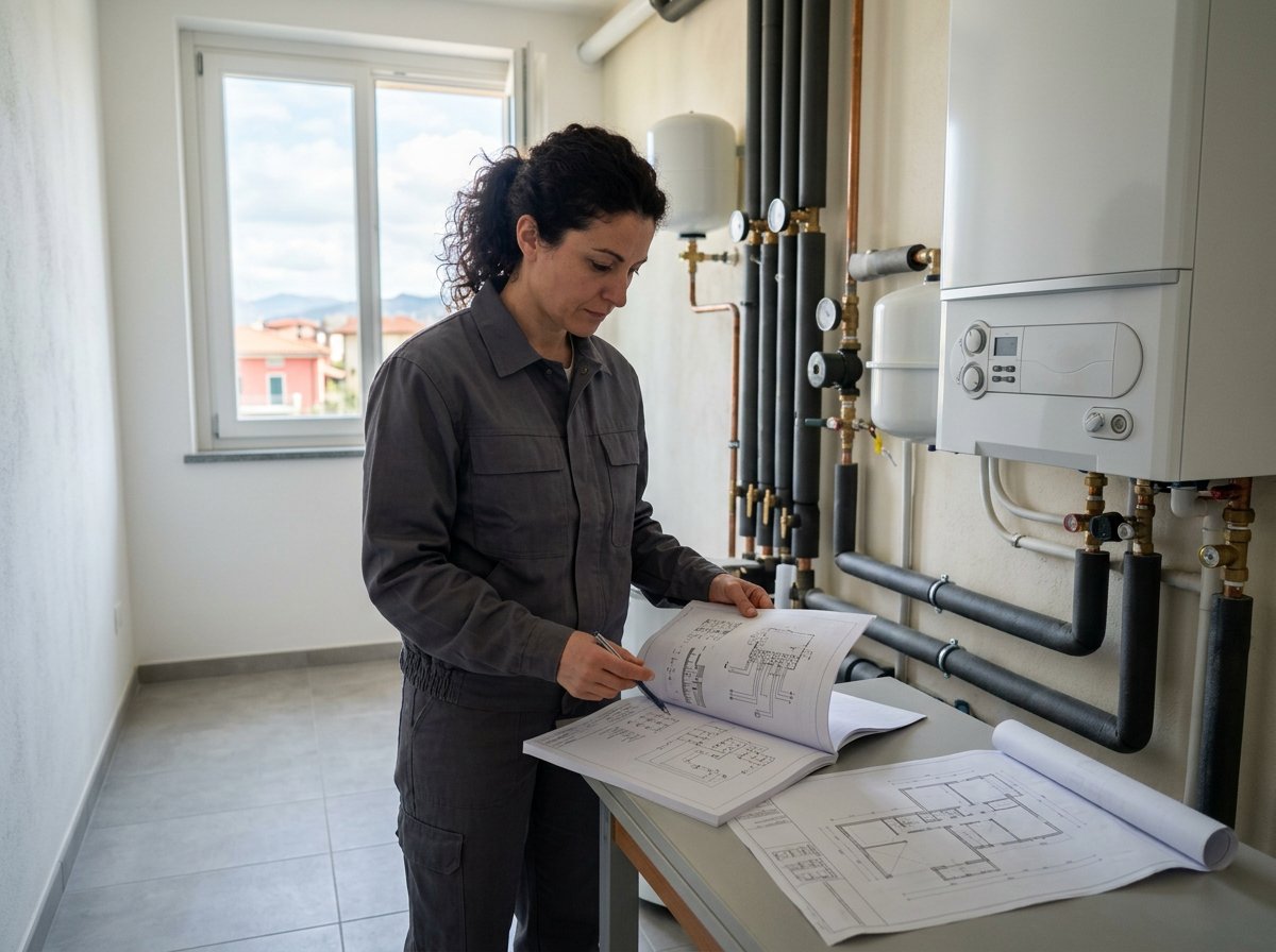 Tecnico verifica la relazione tecnica per l'obbligo di quota rinnovabile prima della sostituzione della caldaia in un'abitazione del Nord Italia
