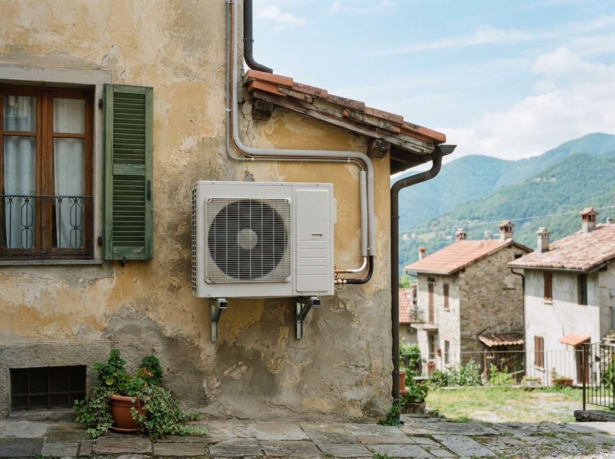 Unità esterna di una pompa di calore installata a servizio di un'abitazione, soluzione conforme all'obbligo di quota rinnovabile del D.Lgs. 5/2026