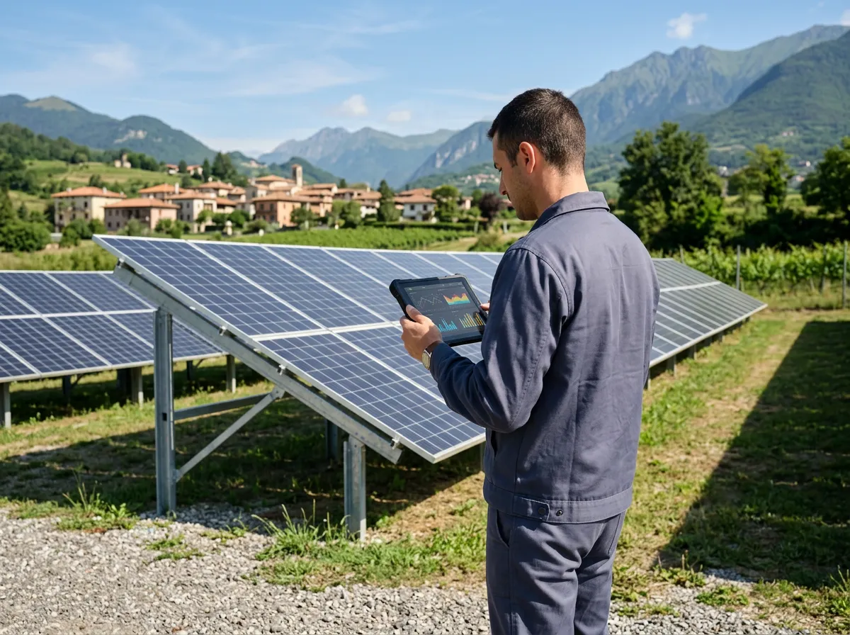 Tecnico verifica su tablet lo stato di avanzamento di un progetto di Comunità Energetica Rinnovabile in un piccolo comune del Nord Italia