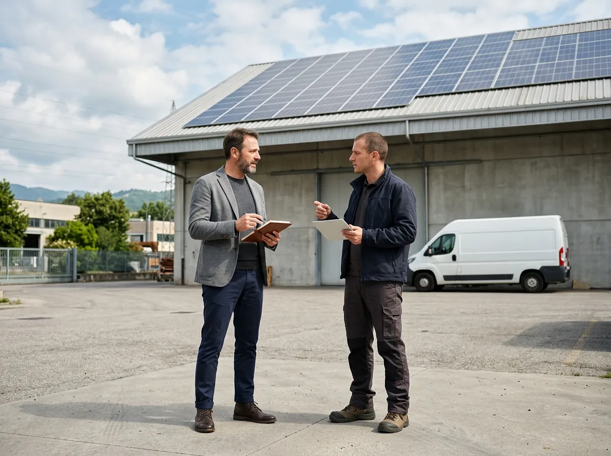 Imprenditore e tecnico SEI analizzano un progetto di Comunità Energetica per un'azienda del Nord Italia davanti a un impianto fotovoltaico su capannone
