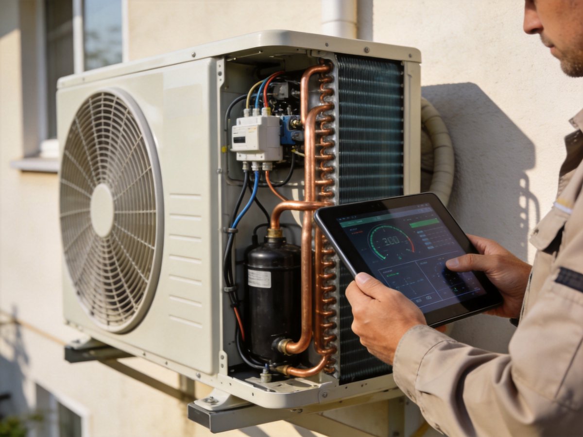 Tecnico specializzato controlla con un tablet i parametri di una pompa di calore aria-acqua installata all'esterno di un edificio residenziale, nessun logo o marchio visibile