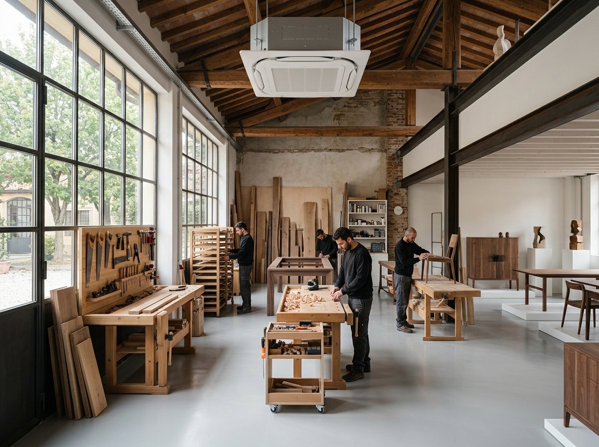 Interno di un piccolo capannone artigianale del Nord Italia con unità interna di climatizzazione a pompa di calore a soffitto, ambiente pulito senza loghi o scritte visibili