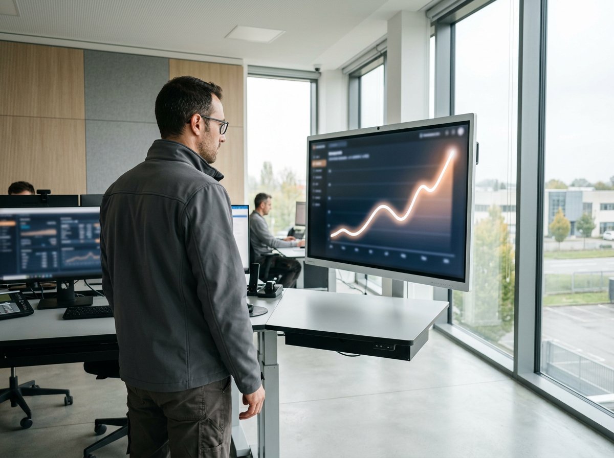 Tecnico energetico osserva su un monitor l'andamento crescente del prezzo dell'elettricità in un ufficio aziendale moderno nel Nord Italia