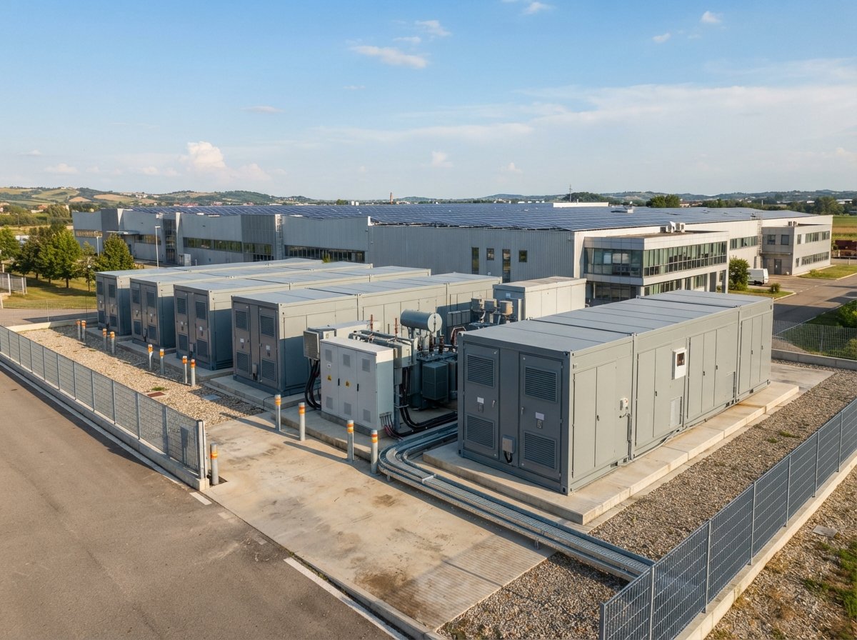 Batterie di accumulo industriali di grandi dimensioni installate accanto a un capannone aziendale nel Nord Italia con pannelli fotovoltaici sul tetto