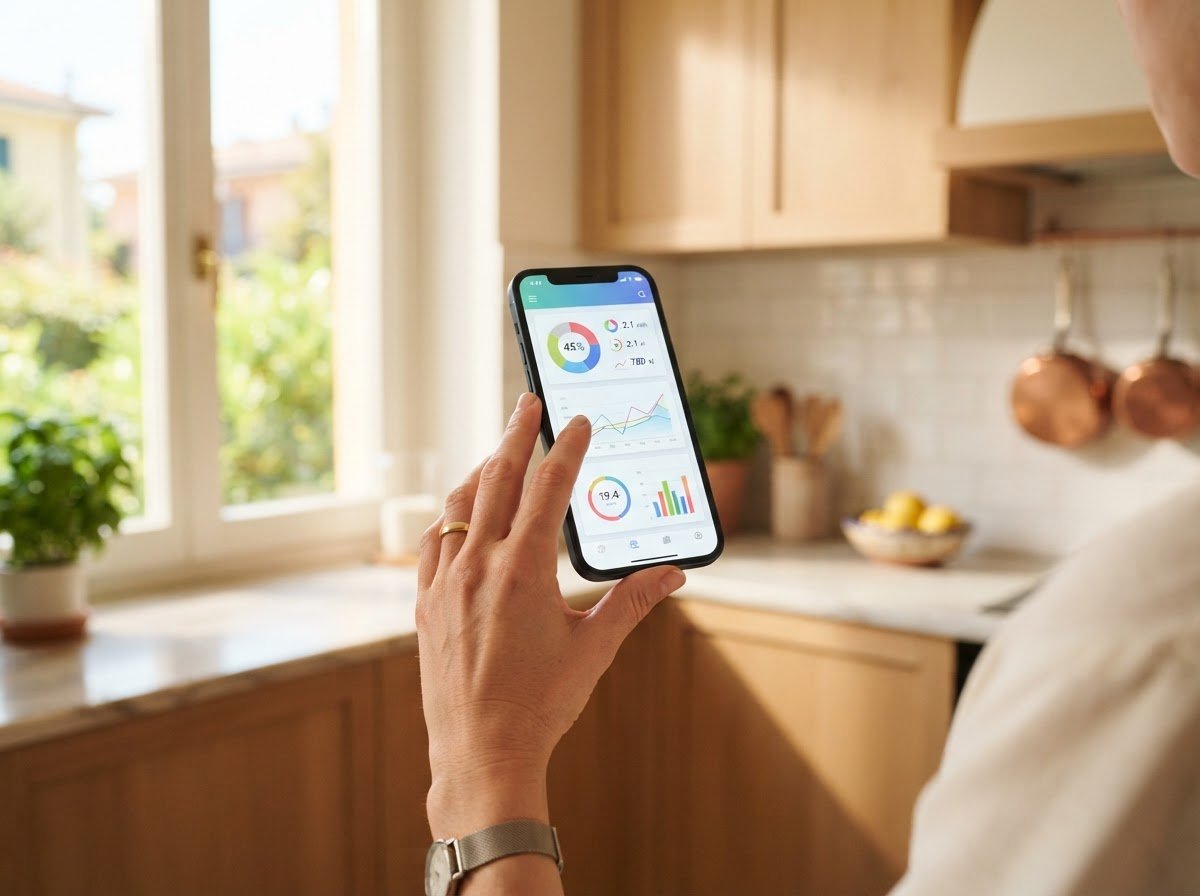 Persona controlla i consumi energetici di casa da un'app sullo smartphone in cucina durante una giornata estiva
