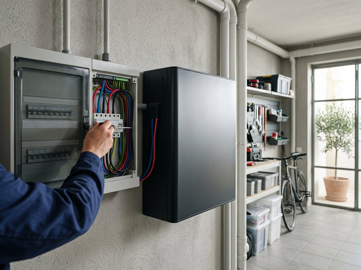 Batteria di accumulo fotovoltaico installata accanto al quadro elettrico in un locale tecnico di un'abitazione