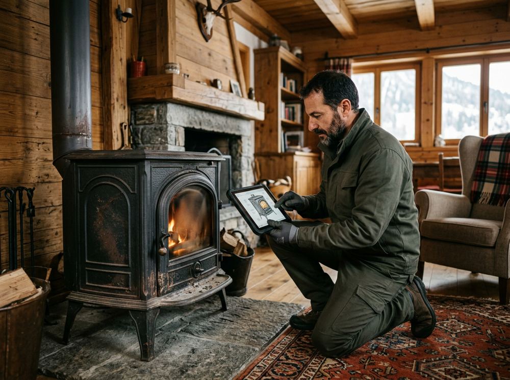 Tecnico verifica con un tablet i requisiti tecnici di una vecchia stufa a legna in un soggiorno di montagna del Nord Italia