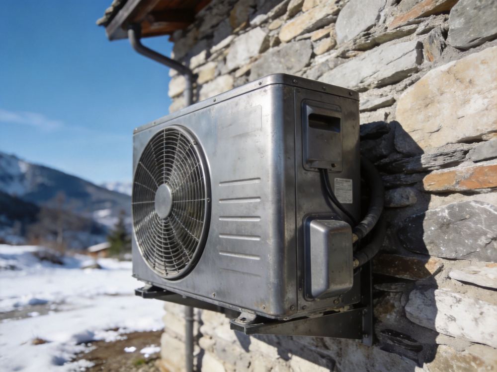 Unità esterna di una pompa di calore aria-acqua installata su una casa di montagna in pietra nel Nord Italia con neve al suolo